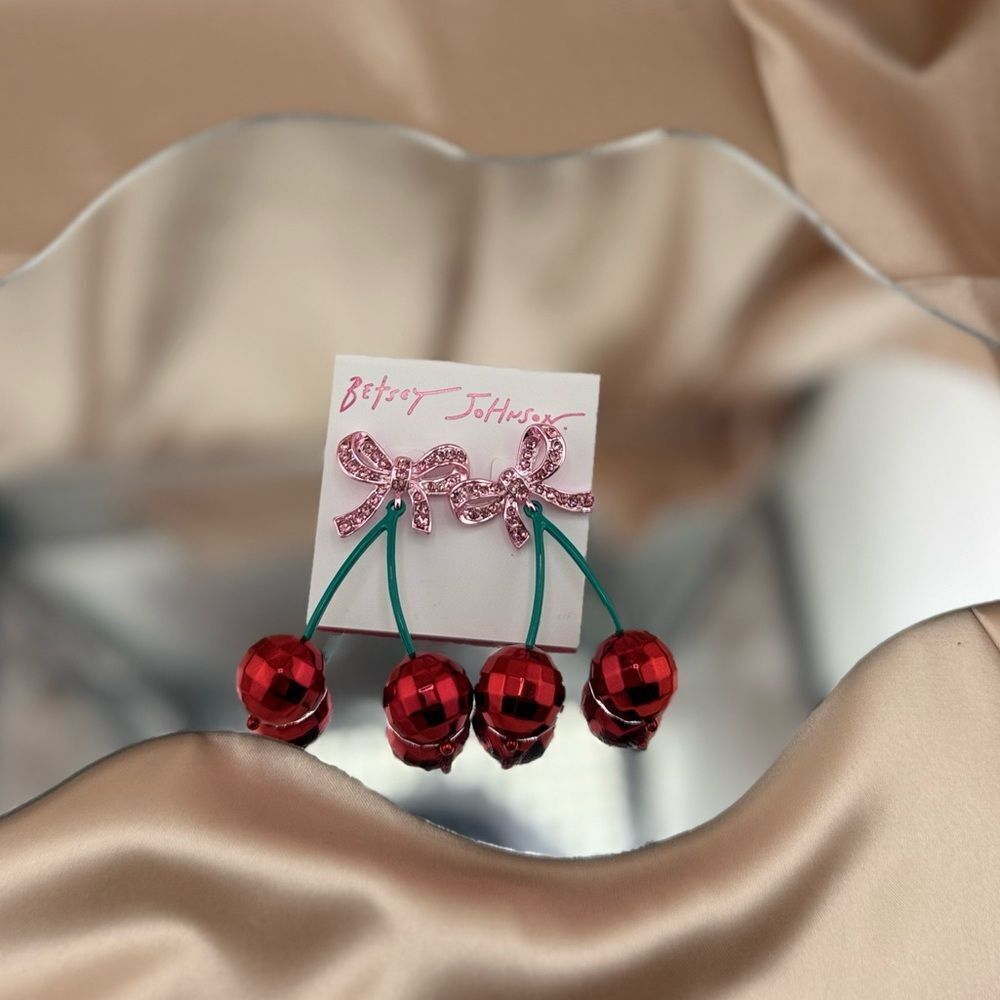 Betsey Johnson Cherry Bow Drop Earrings – Fun & Playful - Picture 4 of 5